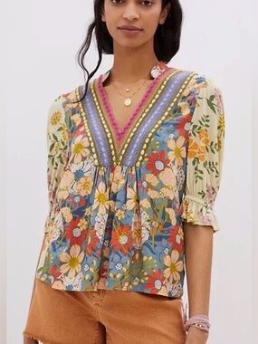 Bl^nk London x Anthropologie STEPHANIE medium Yellow Blue Floral V-Neck Top